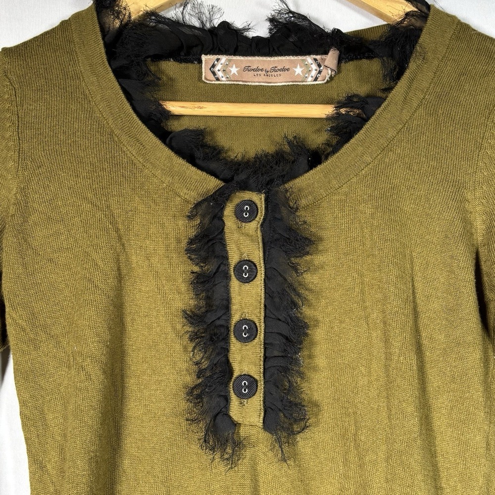 Twelve By Twelve Army Green Womens Henley Tunic Top Forest Fairy Whimsigoth Sz S - Picture 7 of 7
